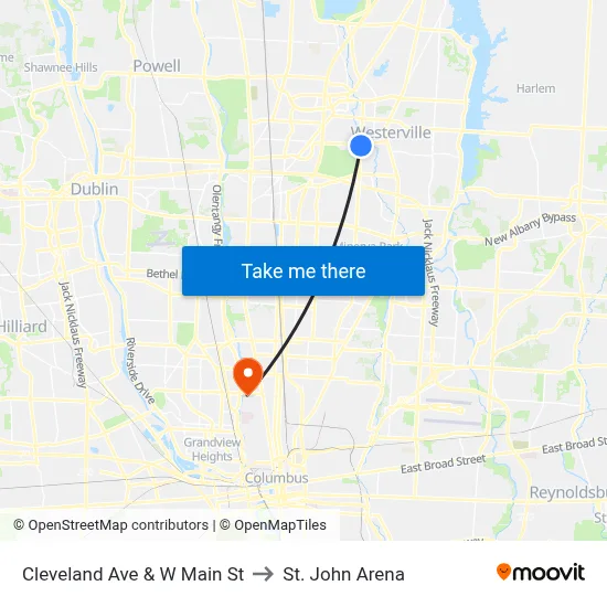Cleveland Ave & W Main St to St. John Arena map