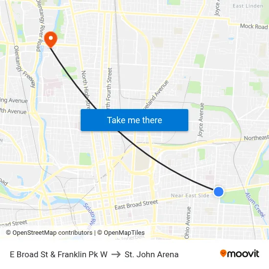 E Broad St & Franklin Pk W to St. John Arena map
