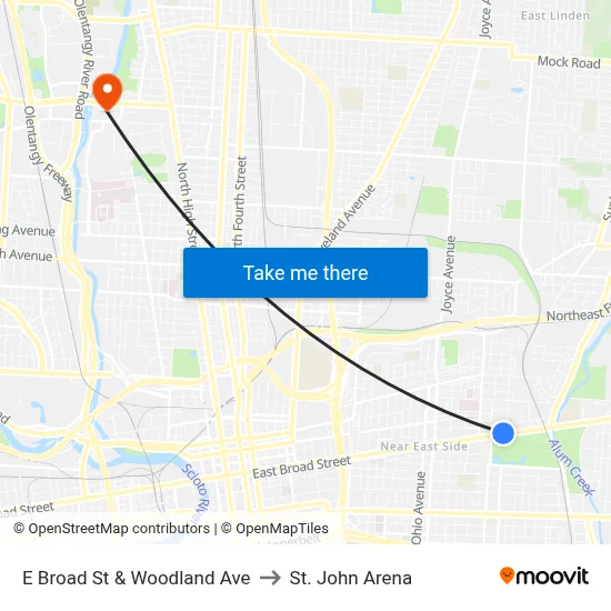 E Broad St & Woodland Ave to St. John Arena map