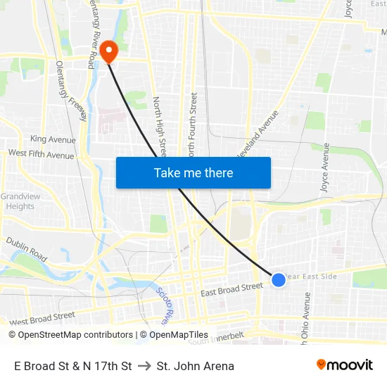 E Broad St & N 17th St to St. John Arena map