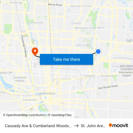 Cassady Ave & Cumberland Woods Dr to St. John Arena map