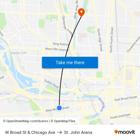 W Broad St & Chicago Ave to St. John Arena map