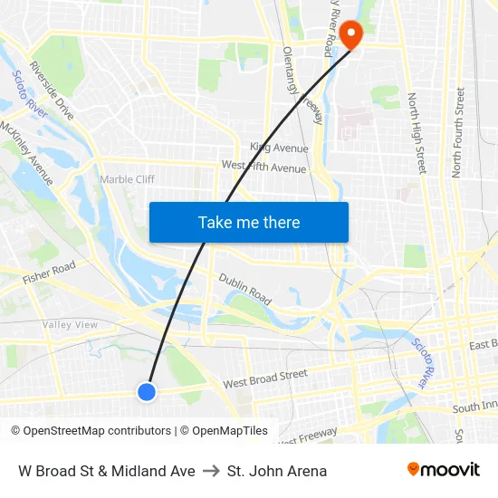 W Broad St & Midland Ave to St. John Arena map