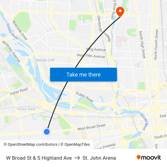 W Broad St & S Highland Ave to St. John Arena map