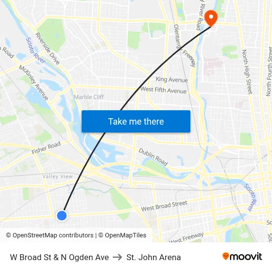 W Broad St & N Ogden Ave to St. John Arena map