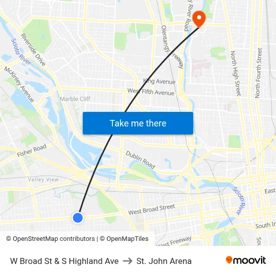 W Broad St & S Highland Ave to St. John Arena map