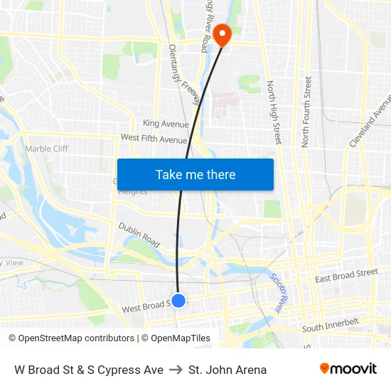 W Broad St & S Cypress Ave to St. John Arena map
