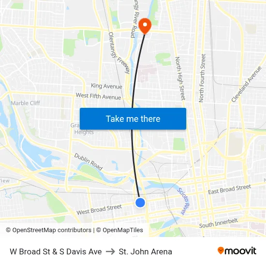 W Broad St & S Davis Ave to St. John Arena map