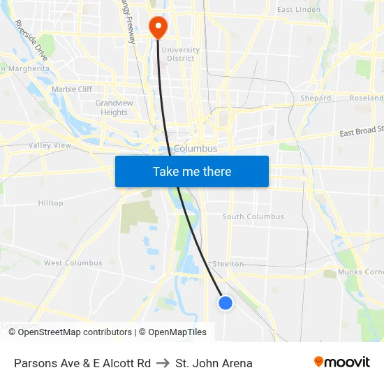 Parsons Ave & E Alcott Rd to St. John Arena map