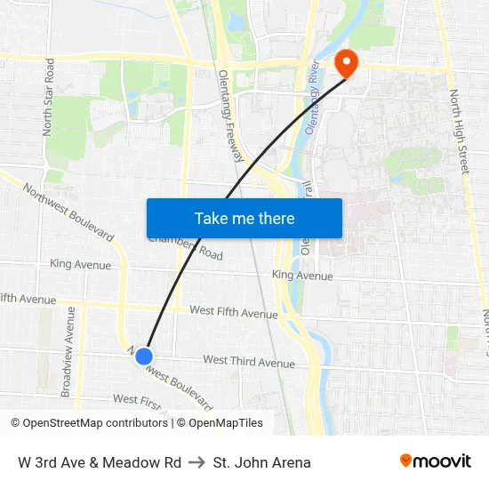 W 3rd Ave & Meadow Rd to St. John Arena map