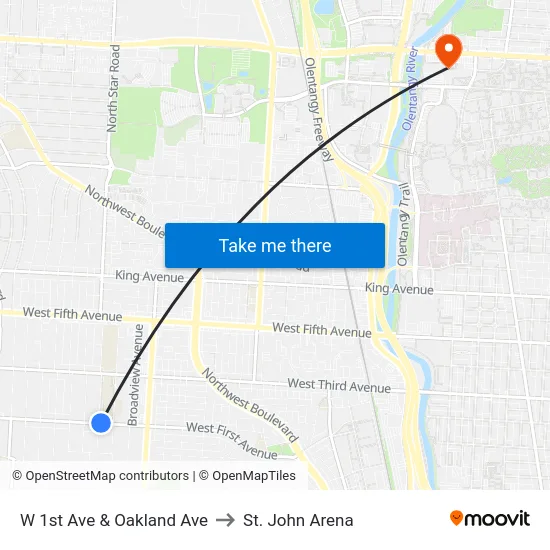 W 1st Ave & Oakland Ave to St. John Arena map