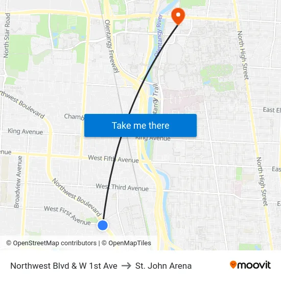 Northwest Blvd & W 1st Ave to St. John Arena map