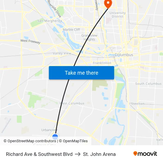 Richard Ave & Southwest Blvd to St. John Arena map