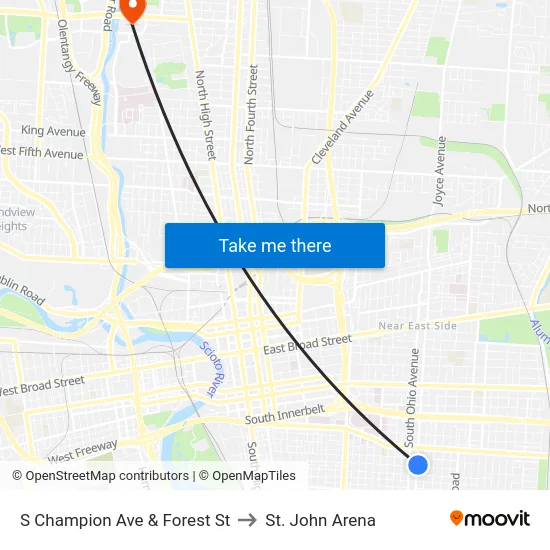 S Champion Ave & Forest St to St. John Arena map