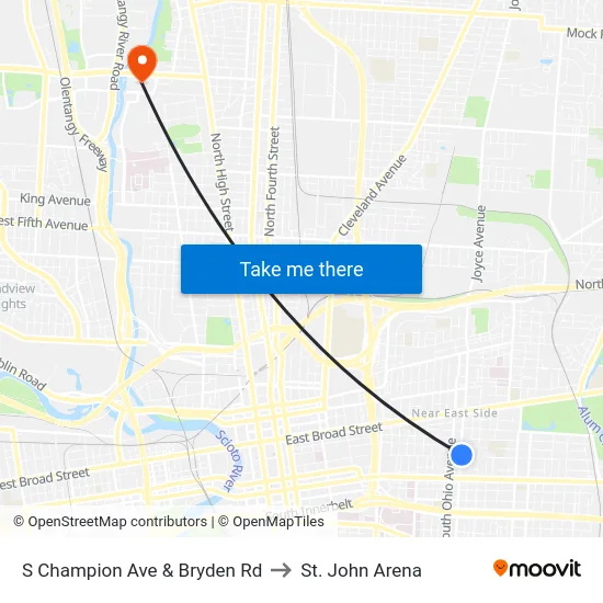 S Champion Ave & Bryden Rd to St. John Arena map