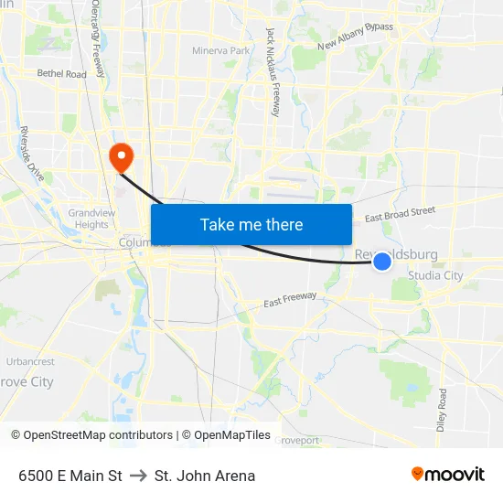 6500 E Main St to St. John Arena map