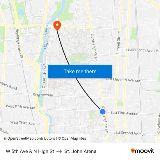 W 5th Ave & N High St to St. John Arena map