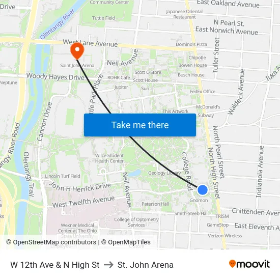 W 12th Ave & N High St to St. John Arena map