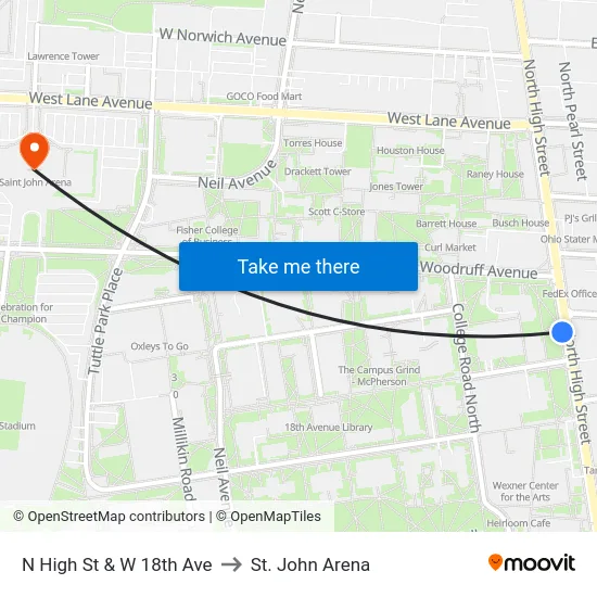 N High St & W 18th Ave to St. John Arena map