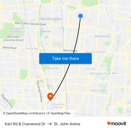 Karl Rd & Cranwood Dr to St. John Arena map