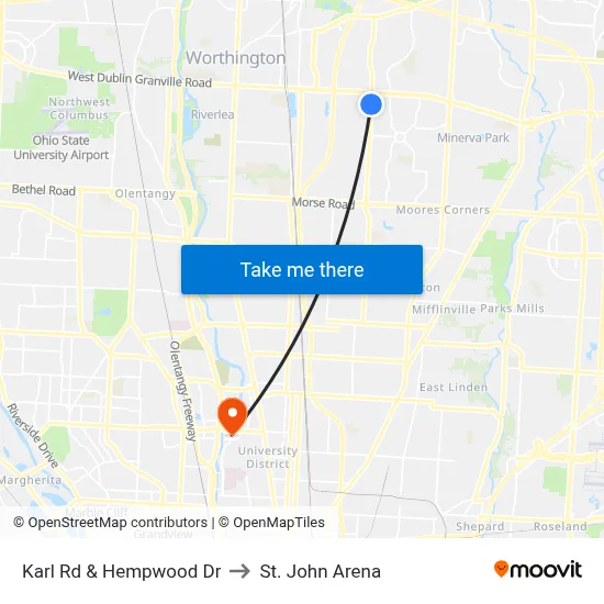 Karl Rd & Hempwood Dr to St. John Arena map