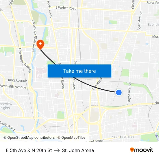E 5th Ave & N 20th St to St. John Arena map