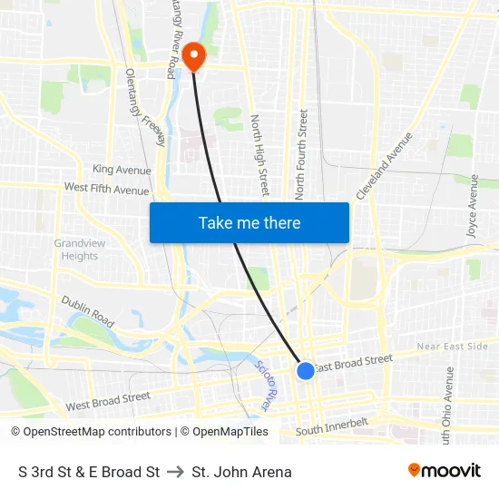 S 3rd St & E Broad St to St. John Arena map