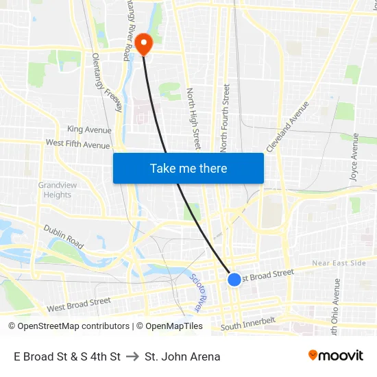 E Broad St & S 4th St to St. John Arena map