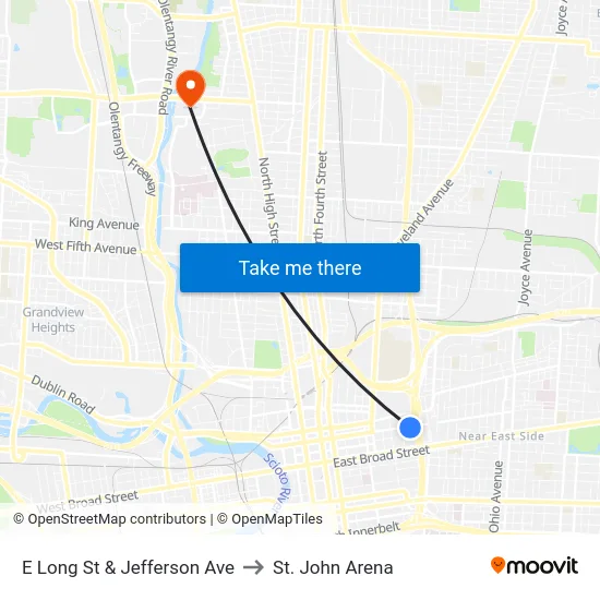 E Long St & Jefferson Ave to St. John Arena map