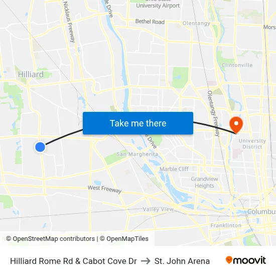 Hilliard Rome Rd & Cabot Cove Dr to St. John Arena map