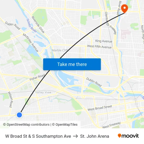 W Broad St & S Southampton Ave to St. John Arena map