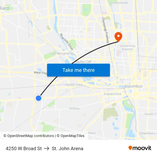 4250 W Broad St to St. John Arena map