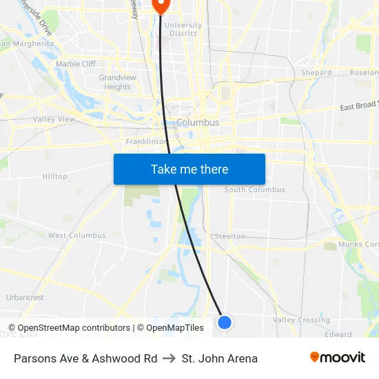 Parsons Ave & Ashwood Rd to St. John Arena map