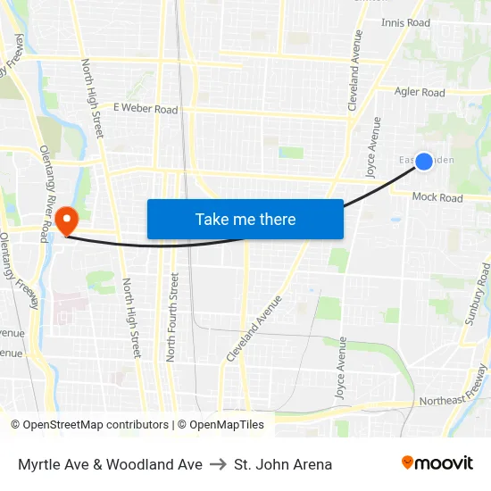 Myrtle Ave & Woodland Ave to St. John Arena map