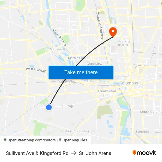 Sullivant Ave & Kingsford Rd to St. John Arena map