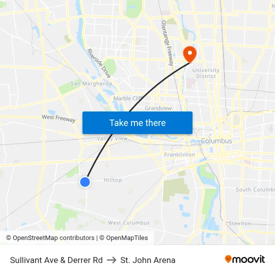 Sullivant Ave & Derrer Rd to St. John Arena map