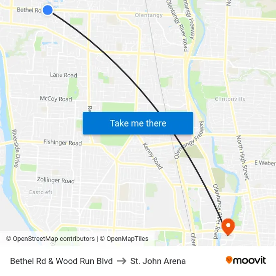 Bethel Rd & Wood Run Blvd to St. John Arena map