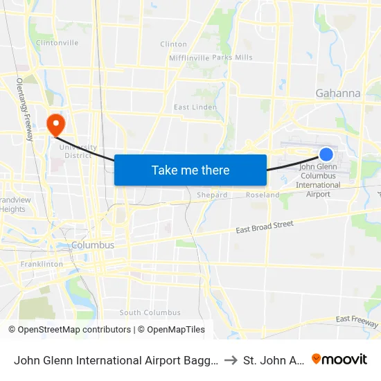 John Glenn International  Airport Baggage Claim to St. John Arena map