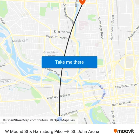 W Mound St & Harrisburg Pike to St. John Arena map