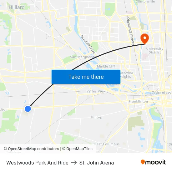 Westwoods Park And Ride to St. John Arena map