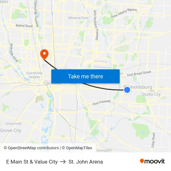 E Main St & Value City to St. John Arena map