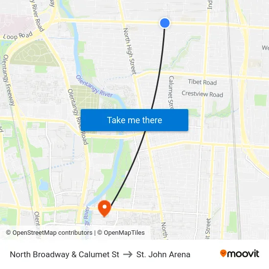 North Broadway & Calumet St to St. John Arena map