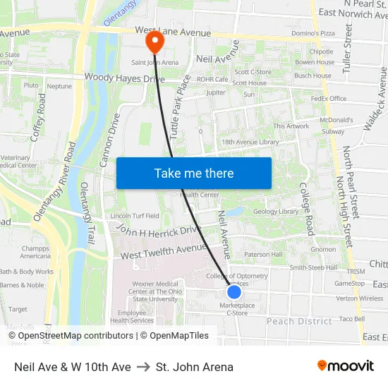 Neil Ave & W 10th Ave to St. John Arena map