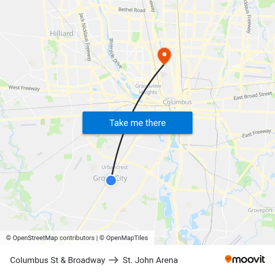 Columbus St & Broadway to St. John Arena map