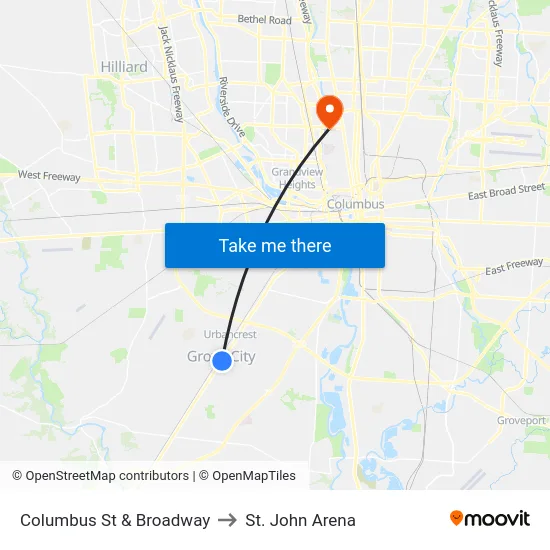Columbus St & Broadway to St. John Arena map