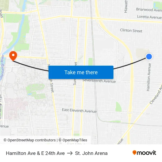 Hamilton Ave & E 24th Ave to St. John Arena map