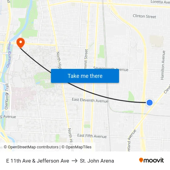 E 11th Ave & Jefferson Ave to St. John Arena map
