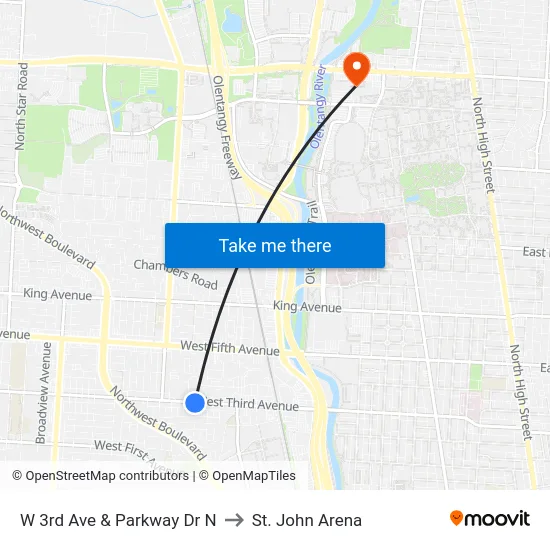 W 3rd Ave & Parkway Dr N to St. John Arena map