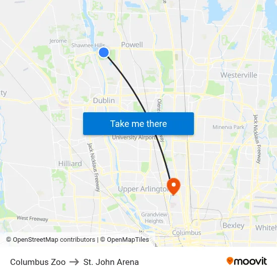Columbus Zoo to St. John Arena map