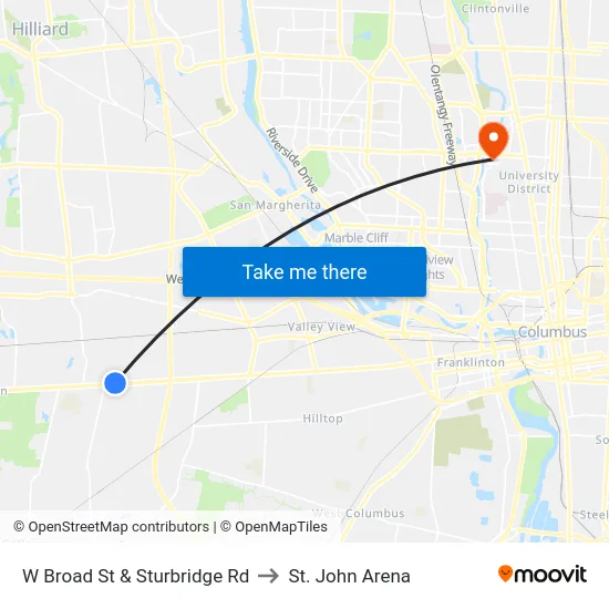 W Broad St & Sturbridge Rd to St. John Arena map